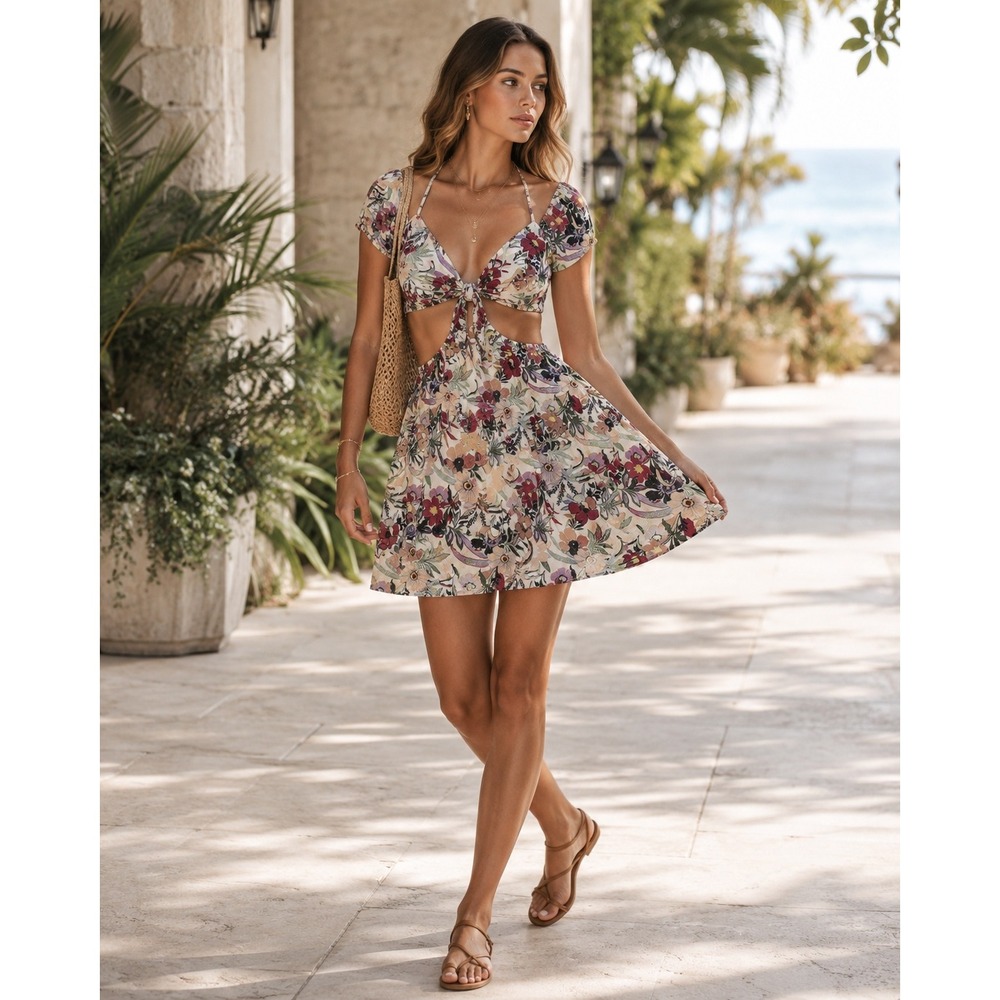 Roxy Floral Viscose Cutout Mini Dress Cream Multi Size M Boho Resort